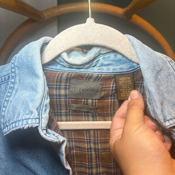 St. John's Bay Blue Denim Shirt with Brown Plaid Lining - Picture 2 of 4